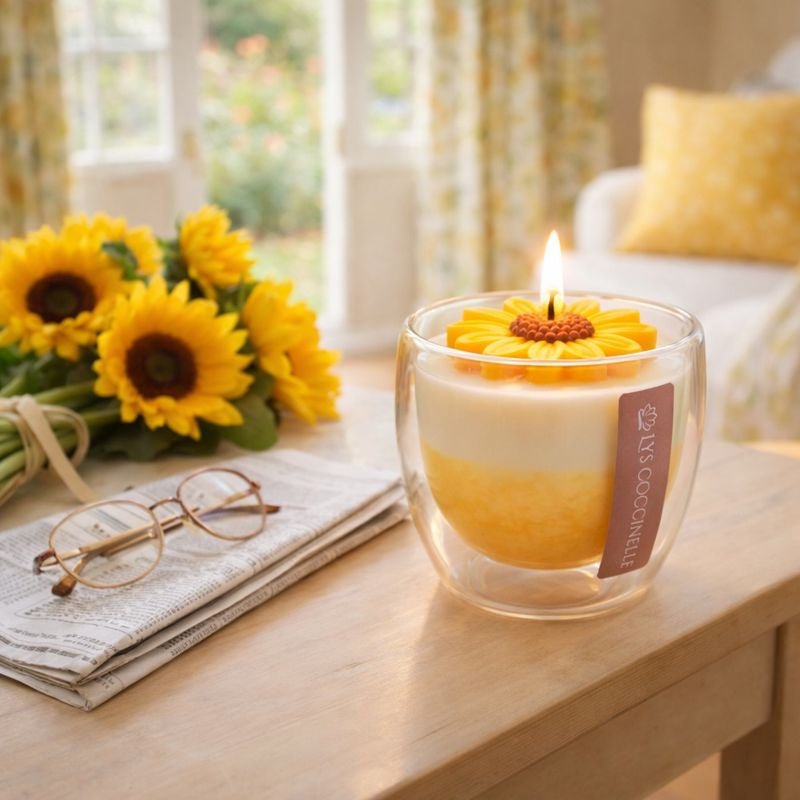Sunrise flower candle in recyclable double-walled glass